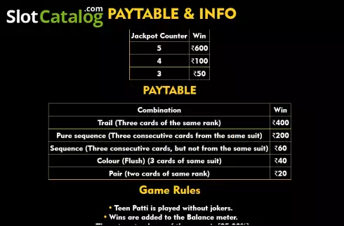 Game Rules screen 2. Teen Patti (Top Spin Games) slot
