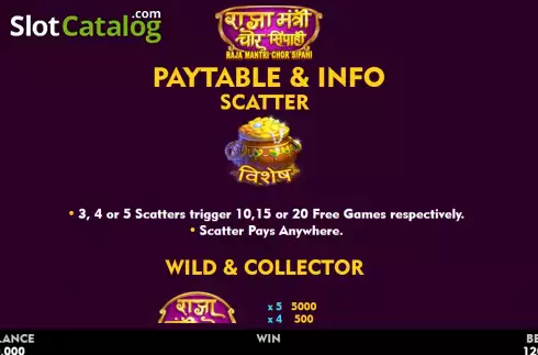 PayTable screen. Raja Mantri Chor Sipahi slot