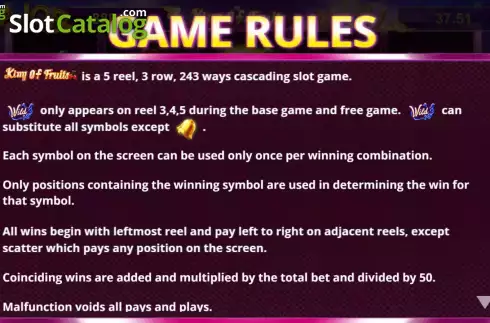 Game Rules Screen. King Of Fruits (Triple Profits Games) slot
