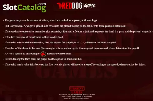 Game Rules screen. Red Dog Poker slot