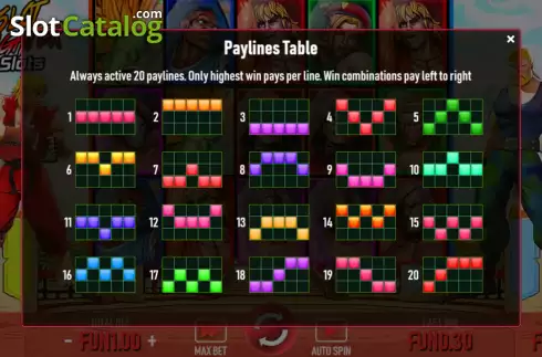Pay Lines screen. Slot Fighter slot