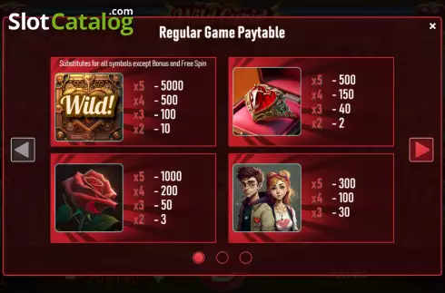 PayTable screen. Wild Cupid (Urgent Games) slot