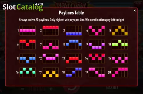 PayLines screen. Wild Cupid (Urgent Games) slot