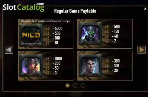 PayTable screen. Warfare Nebula slot