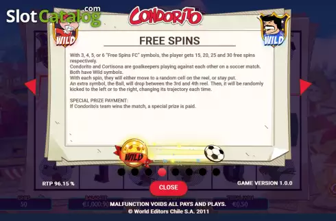 Free Spins screen. Condorito slot