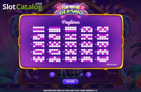 Paylines screen. Carnaval Alegria slot