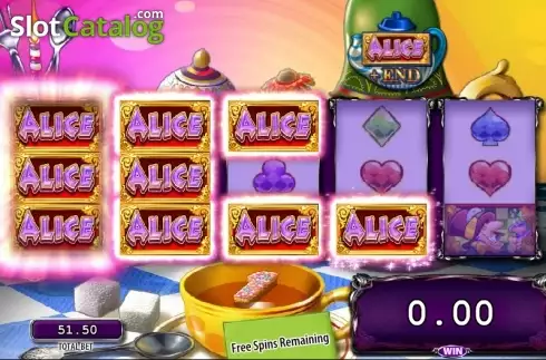 Free Spins screen. Alice & The Mad Tea Party slot
