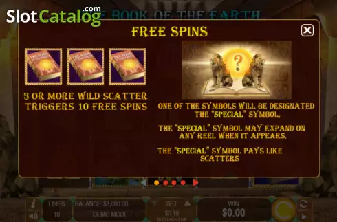 Game Features screen. The Book of The Earth slot