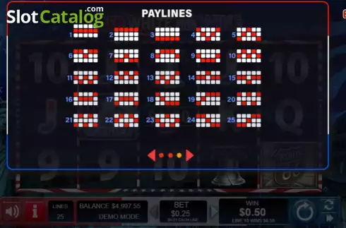 Paylines screen. Red White and Win slot