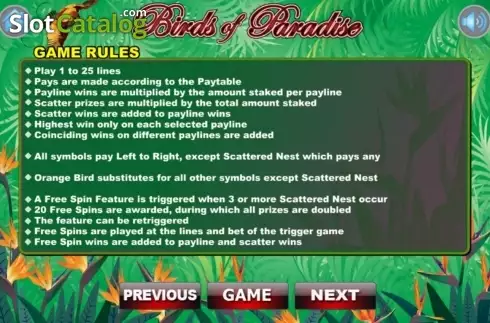 Pantalla3. Birds Of Paradise (Wager Gaming) Tragamonedas 