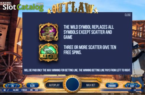 Features screen. Outlaw (We Are Casino) slot