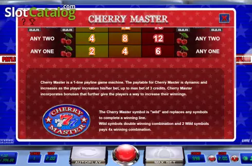Paytable and wild screen. Cherry Master slot