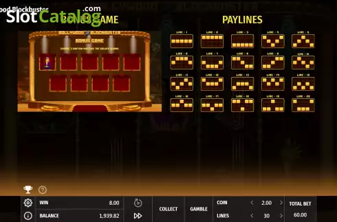 Paylines screen. Bollywood Blockbuster slot