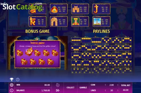 Paytable and palines screen. Golden India slot