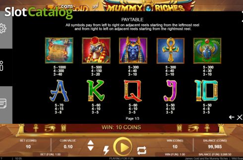 Paytable screen. James Gold and the Mummy Riches slot