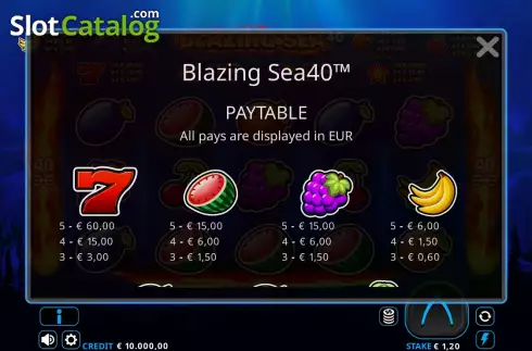 PayTable Screen. Blazing Sea 40 slot