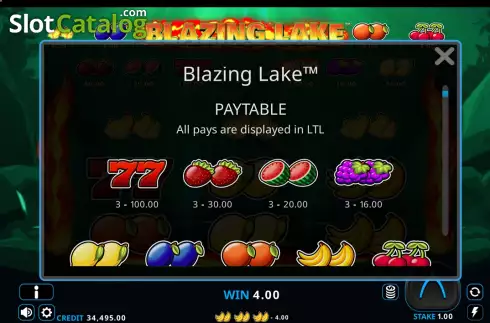 PayTable screen. Blazing Lake slot