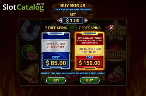 Buy Feature Screen. Sizzling Mystery slot