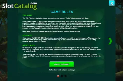 Rules. Amazonia Bingo slot