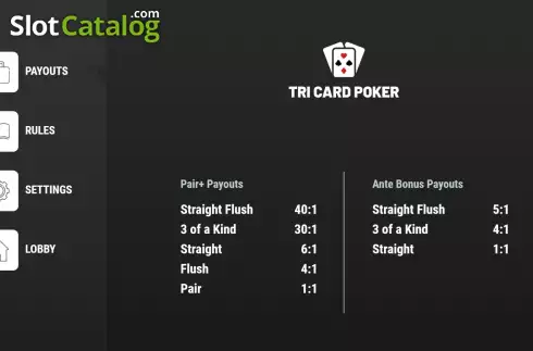 Paytable. Tri Card Poker (Woohoo) slot