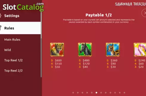 Paytable screen. Savannah Treasures slot