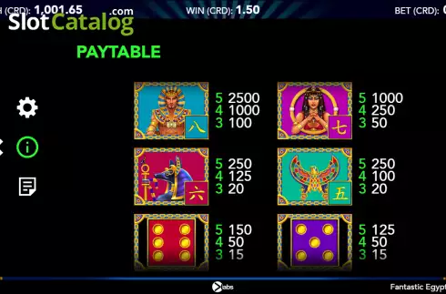 Paytable screen. Fantastic Egypt Dice slot