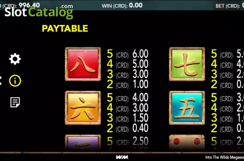 Paytable screen. Into The Wilds Megaways Dice slot