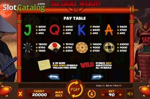 Paytable. Blood Moon (X Card) slot