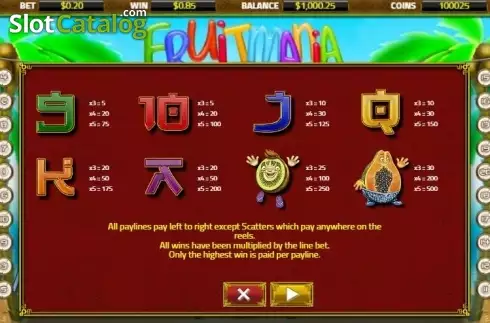 Paytable. Fruit Mania (XIN Gaming) slot