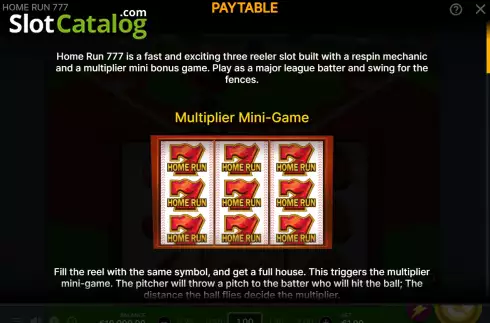 Game Features screen. Home Run 777 slot
