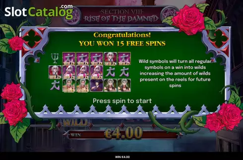 Free Spins screen. Section VIII: Rise of the Damned slot