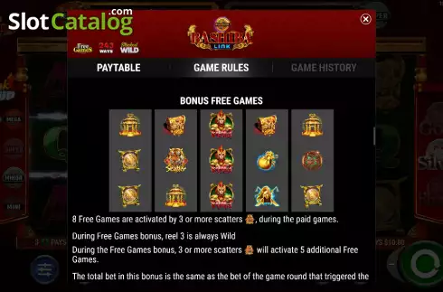 Free Games screen. Bashiba Link Warrior slot