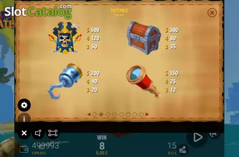 Paytable screen. Wilds & Pirates slot