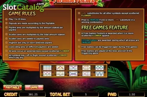 Paytable 2. Paradise Riches slot