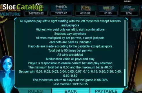 Paytable 6. Space Venture slot