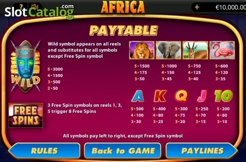 Paytable 1. Africa (bwin.party) slot