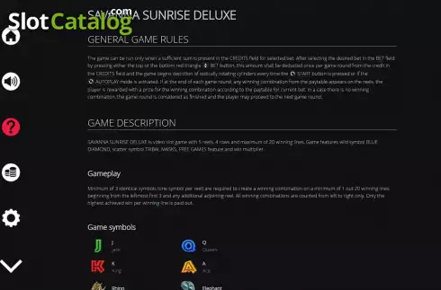 Rules Screen. Savanna Sunrise Deluxe slot