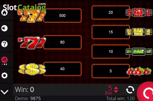Paytable screen. Wild Flames Sevens slot