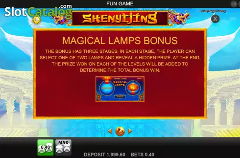 Magical lamps bonus screen. Shenyijing slot