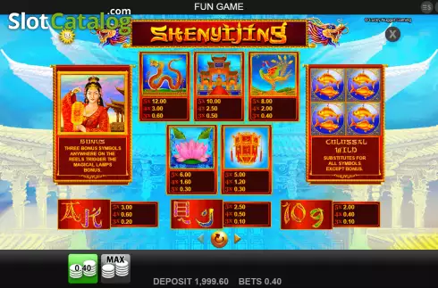 Paytable screen. Shenyijing slot