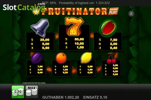 Paytable screen. Fruitinator Double Play slot