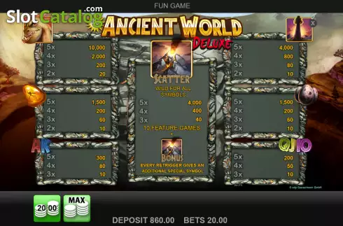 Paytable screen. Ancient World Deluxe slot