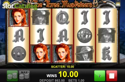 Free Spins screen. The Three Musketeers (edict) slot