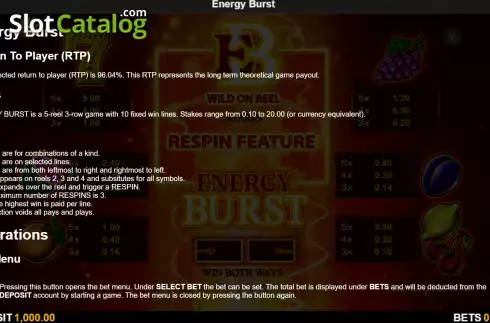 Game Rules screen. Energy Burst slot