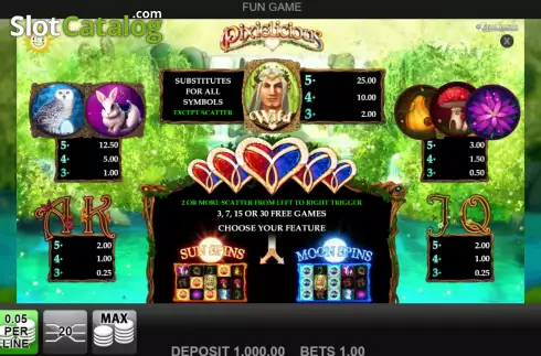 Pay Table screen. Pixielicious slot
