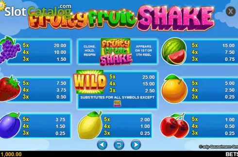 PayTable screen. Fruity Fruit Shake slot
