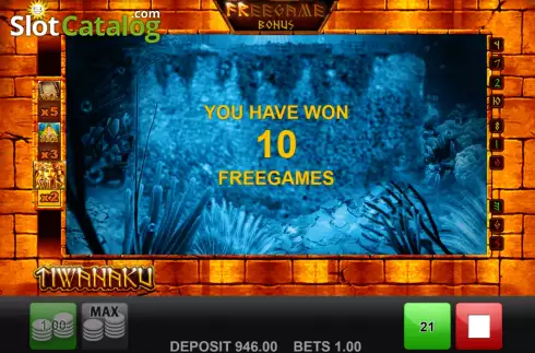 Free Spins screen. Tiwanaku slot