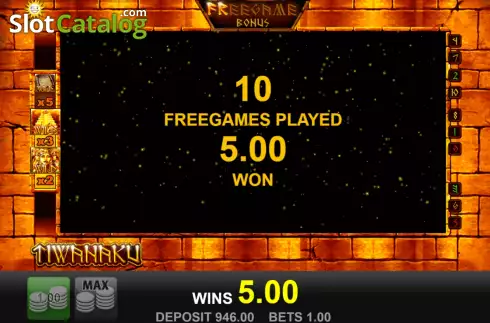 Win Free Spins screen. Tiwanaku slot