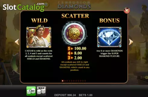 Special symbols screen. Centurion Diamonds slot