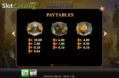 Paytables screen. Centurion Diamonds slot